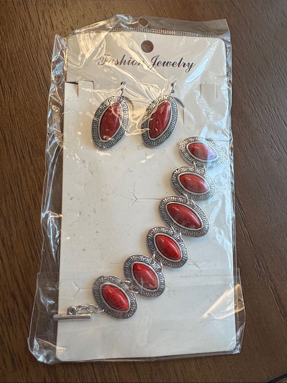 Fashion Jewelry Silver-Tone Bracelet and Earring Set with Red Cabochons